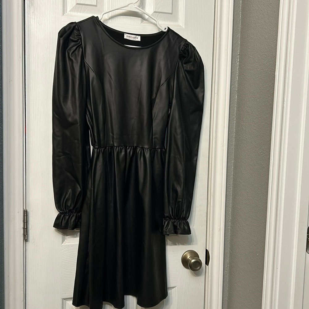 First love black faux leather dress